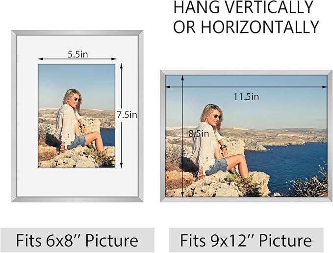 Frametory 12 Pack 9x12 Aluminum Frame with Mat for 6x8 Photo, Silver
