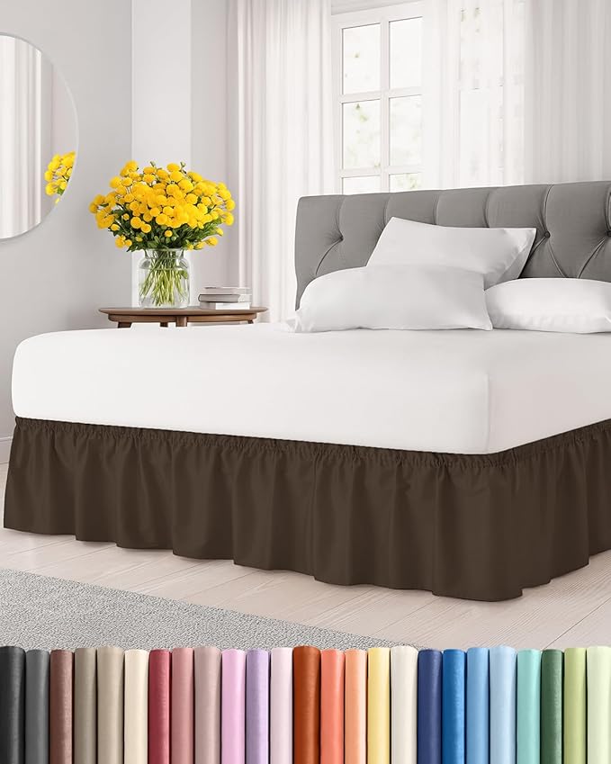 Wrap Around Dust Ruffle Bed Skirt - Brown - for Queen Size Beds w/ 9 Inch Drop - Easy Fit Elastic Strap - Adjustable Pleated Bedskirt w/Brushed Fabric - Wrinkle & Fade Free - Women, Men, Kids & Teens