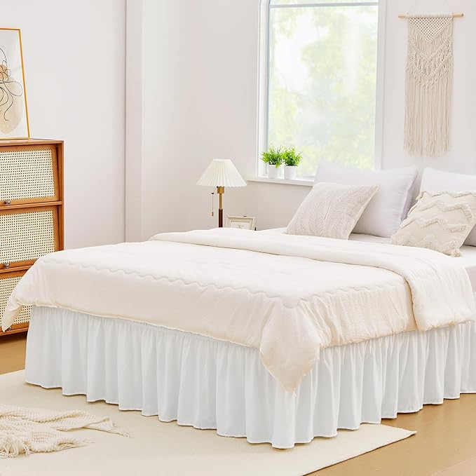 Vocander Queen Bed Skirt 12 Inch Drop, Elastic Wrap Dust Ruffle White | Hides Underbed Storage, No Mattress Lifting, Elastic Stays Put, Soft Fabric, Machine Washable, Polished Look