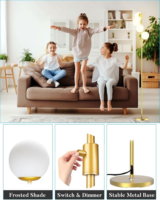 Mid Century Modern 4 Globe Gold Floor Lamp, Dimmable Standing Lamp with 3000K Warm White Bulbs Included, Tall Ambient Floor Lamp for Living Room Bedroom Home Office Sofa Beside Corner Decor