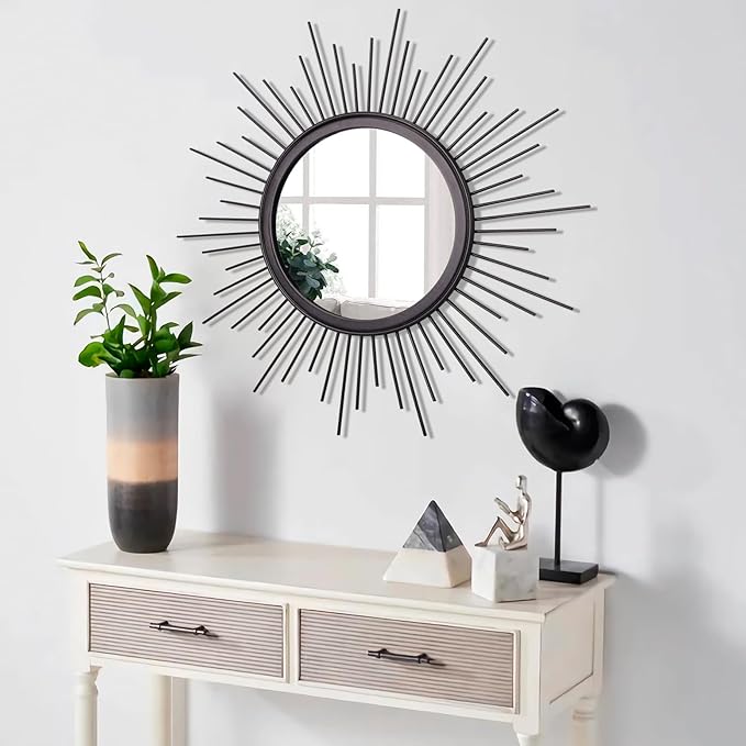 Black Sunburst Wall Mirror Decorative Metal Round Art Mirrors Large Wall Decor Hanging Mirror for Bathroom Bedroom Living Room Vanity Entryway 20"
