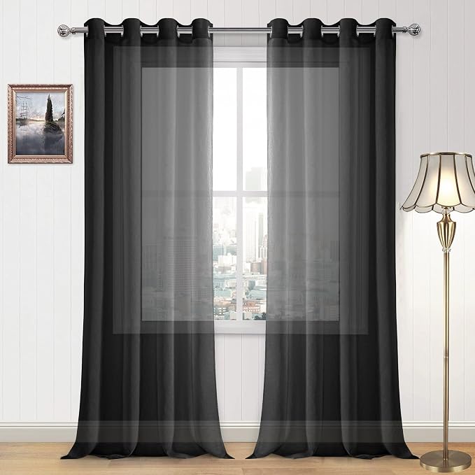 DWCN Sheer Curtains Black Grommet Window Curtain for Living Room and Funeral/Gothic Wedding Voile Sheer Curtains Set of 2 Panels 52 x 95 Inch Long,