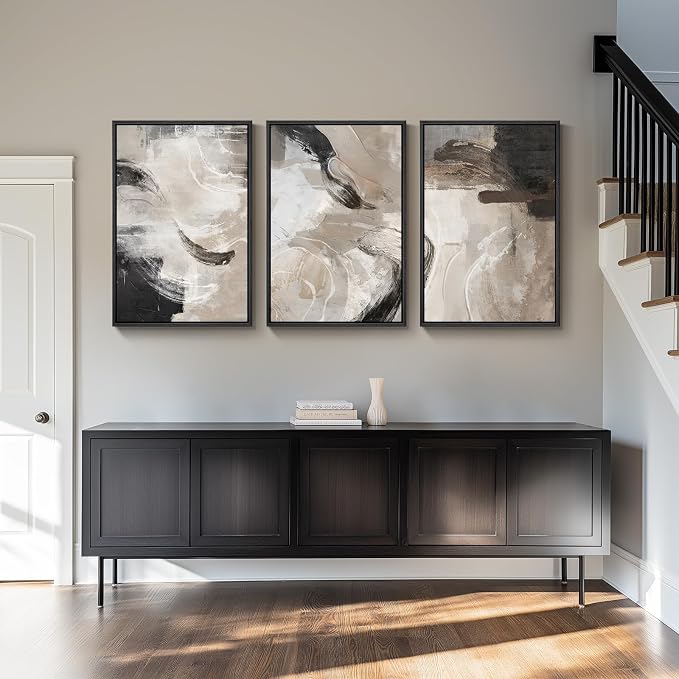 Large Framed Neutral Modern Abstract Wall Art for Living Room, 24x36 In | Black and brown tone pictures, 3 piece minimalist paintings, Canvas prints, Wood frame, Wall decor for bedroom office hallway