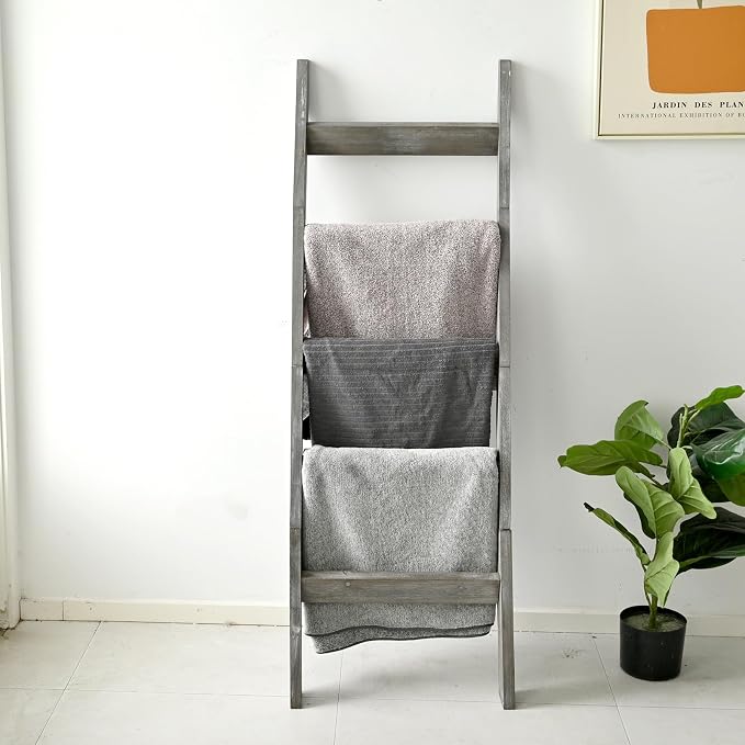 FUIN Blanket Ladder, 5ft Angled rungs Rustic Solid Wood Decor Rack, Grey | 5 rungs, farmhouse quilt display holder, organize towel, leaning wall, bathroom and living room use, knocked down side rail