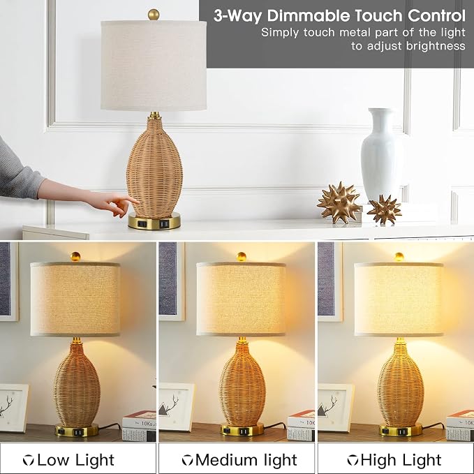 CINSARY Touch Control Rattan Table Lamps, 3 Way Dimmable Bedside Lamps for Bedroom Set of 2 with 2 USB Ports and AC Outlet, Wicker Nightstand Lamps for Living Room (LED Bulbs Included), Gold