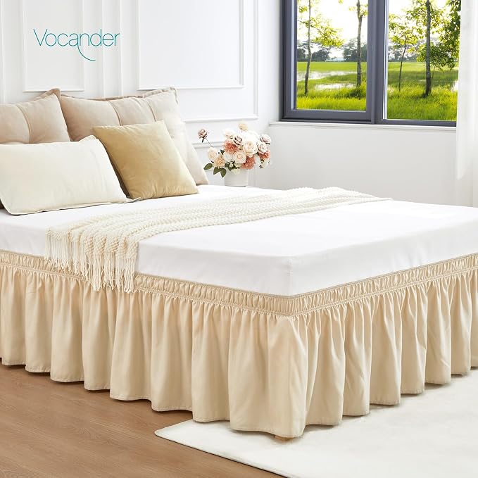 Light Beige Queen Bed Skirt 14 Inch Drop, Elastic Wrap Dust Ruffle | Hides Underbed Storage, No Mattress Lifting, Elastic Stays Put, Soft Fabric, Machine Washable, Polished Look