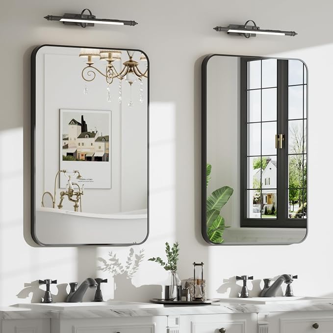 24"x36" Matte Black Rectangle Vanity Bathroom Mirror, Set of 2 | Aluminum Alloy Frame, Clear Reflection, Rust-Resistant, Vertical or Horizontal, Wall Mount, Bedroom and Entryway