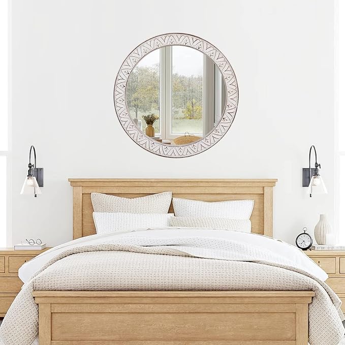 Rustic Round Wood 36 Inch Farmhouse Mirror, Wall Mount, Framed, White, Flower White, Modern & Rustic Style, Decorative Wall Mirror for Living Room, Bedroom, Entryway, Bathroom