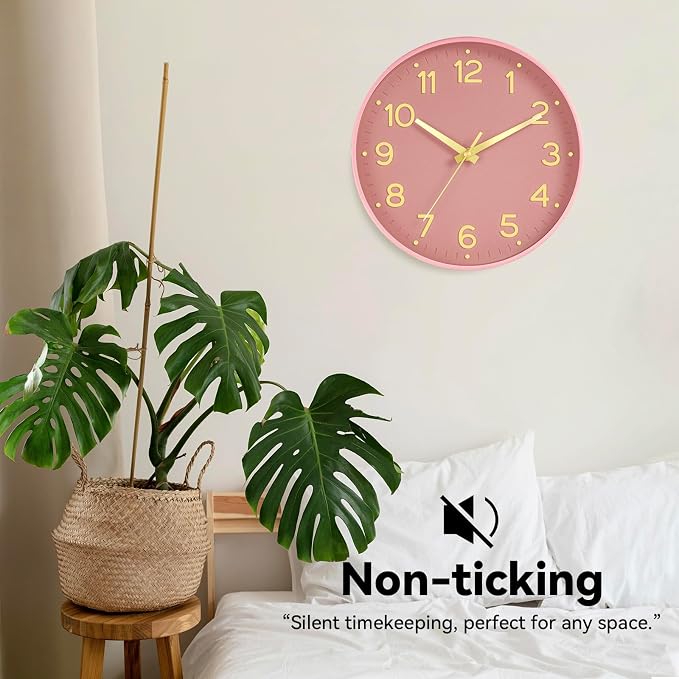 Roymnie 10 Inch Wall Clock Battery Operated Silent Non Ticking Analog | Pink Gold modern analog; large 3D easy-read dial for kitchen, office, bathroom & bedroom; 1 AA battery (not included)