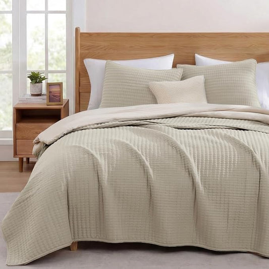 King Size Quilt- Lightweight Bedspreads Oatmeal King Quilt Bedding Set | Soft Neutral Coverlet with 2 Pillow Shams for All Seasons, Suitable for Bed, Couch, 3 Pieces, 106"x94"