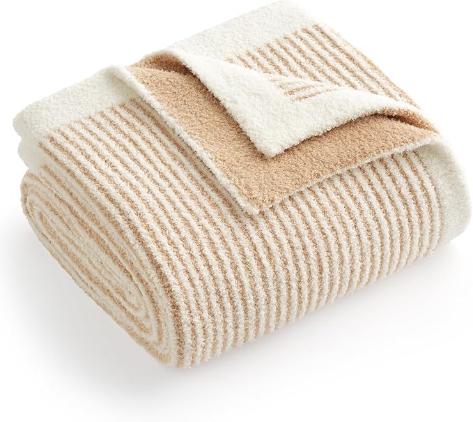 Snuggle Sac Stripe Soft Throw Blanket for Couch, Fuzzy Microfiber Knit Stripe Ribbed Blankets for Couch, Sofa, Travel, Cream Beige, 50x60 inches