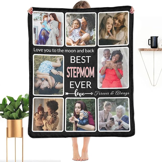 Gift for Stepmom Custom Blanket with Photo, Make a Personalized Family Blankets with Picture Customized Memories Souvenir Throws for Best Stepmom Ever, 8 Collage Made in USA