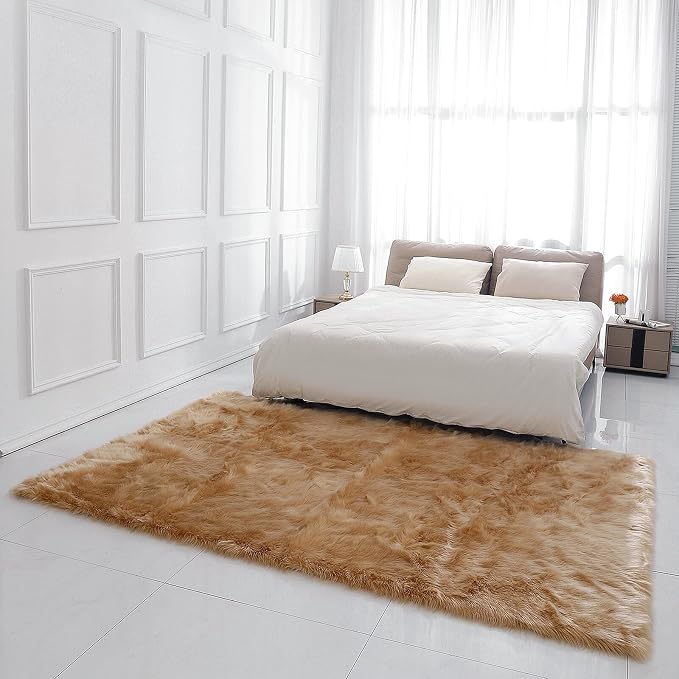 linmopm Faux Fur Rug Sheepskin Shag Fluffy Fuzzy 6x9 ft Beige Rugs for Bedroom Bedside Bed Floor Living Room Plush Rectangle High-Density Cushion Carpet Super Sofa Cover