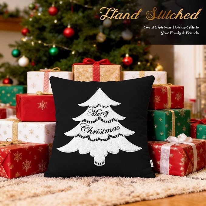 BRAWARM Christmas Pillow Cover 18 X 18 Inches, Black Christmas Tree Embroidered Pillow Cover, Soft Velvet Decorative Throw Pillow for Couch Bed Sofa Living Room Home