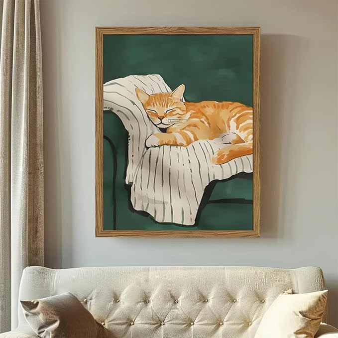 Funny Cat Wall Art Cute Cat Sleeping on Couch Wall Decor Painting Orange Pet Kitty Portrait Pictures Prints Contemporary Animal Canvas Artwork for Bedroom Living Room 16x24 inch Wood Framed