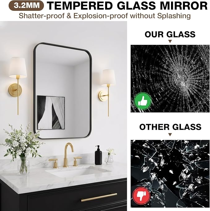 16"x24" Bathroom Mirrors for Over Sink, Matte Black Rectangle Vanity Mirror | Aluminum Alloy Frame, Clear Reflection, Rust-Resistant, Vertical or Horizontal, Wall Mount, Bedroom and Entryway