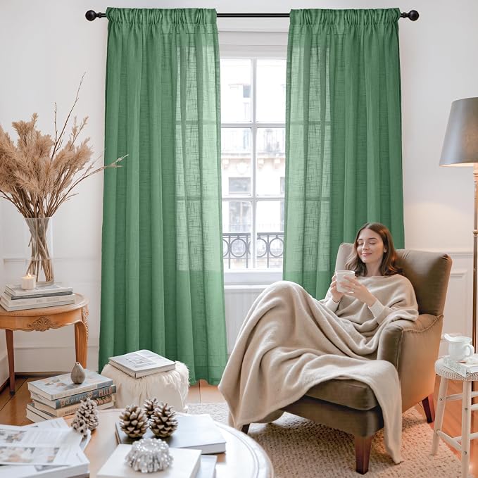YoungsTex Green Linen Semi Sheer Curtains 72 Inch Length - Light Filtering Drapes with Back Tab Rod Pocket Lightweight for Living Room Window, 2 Panels, 52 X 72 Inch