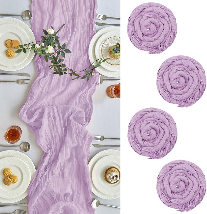 IVAPUPU Purple Table Runner 120 Inch for Wedding Birthday Party Home Decor | 4 Pcs Boho Gauze 10FT Cheesecloth Table Runners for Baby Shower Decorations Summer Garden Farmhouse
