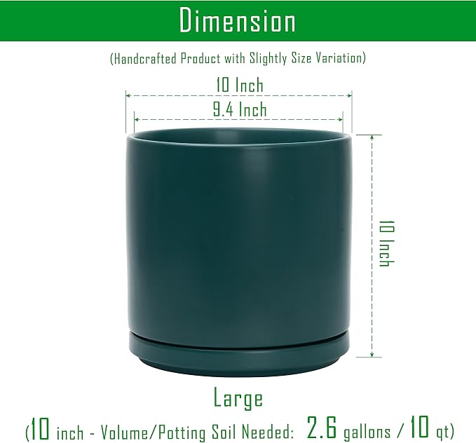 D'vine Dev 10 Inch Ceramic Planter Pot, Teal, 94-O-E-9 | Modern Cylinder Design, Drainage Hole & Saucer Included, Stable Structure, Elegant Home Accent