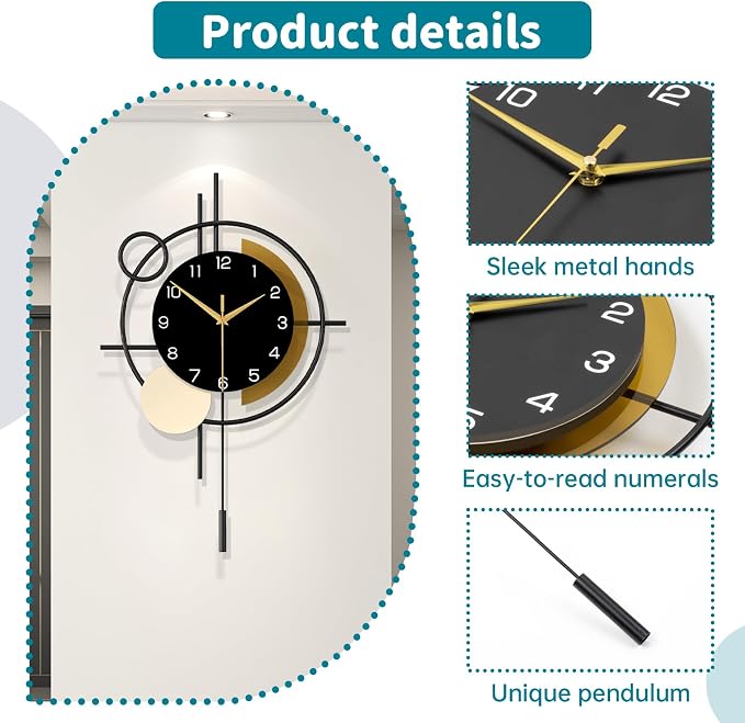 Large Wall Clock for Living Room Decor Modern Wall Clock Pendulum | Analog Silent Quartz Battery Operated Metal Decorative Clock for Dining Room,Kitchen,Home,Bathroom,Bedroom,Black 17.7x27.3 in