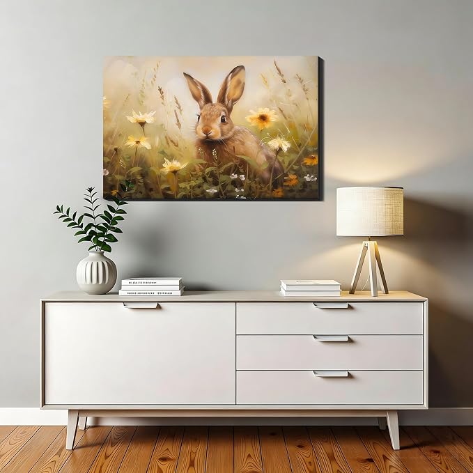 Field Floral Easter Bunny Framed Canvas Wall Art, Easter Themed Landscape Painting Print for Enterway, Fireplace,Rabbit Canvas Art & Holiday Office Home Decor, Ready to Hang