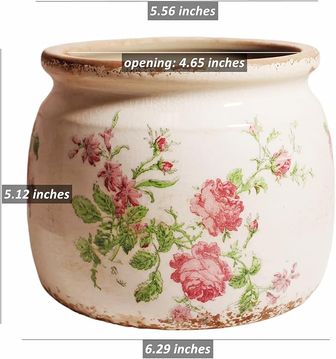 Decorative Pink Vintage Floral Pots, Ceramic Garden Pots with Drainage | Grandma Flower Pots for Indoor Plants, Succulent & Herb Pots, Crackle Glaze Pottery, Maximalist Chic Decor, Mom Gifts