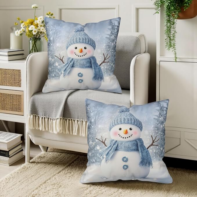 Blue Snowman Throw Pillow Covers Winter Pillow Covers 20x20 Snowflakes Pillow Case Double Sided Printing Cushion Case for Home Decor Couch Sofa Set of 2