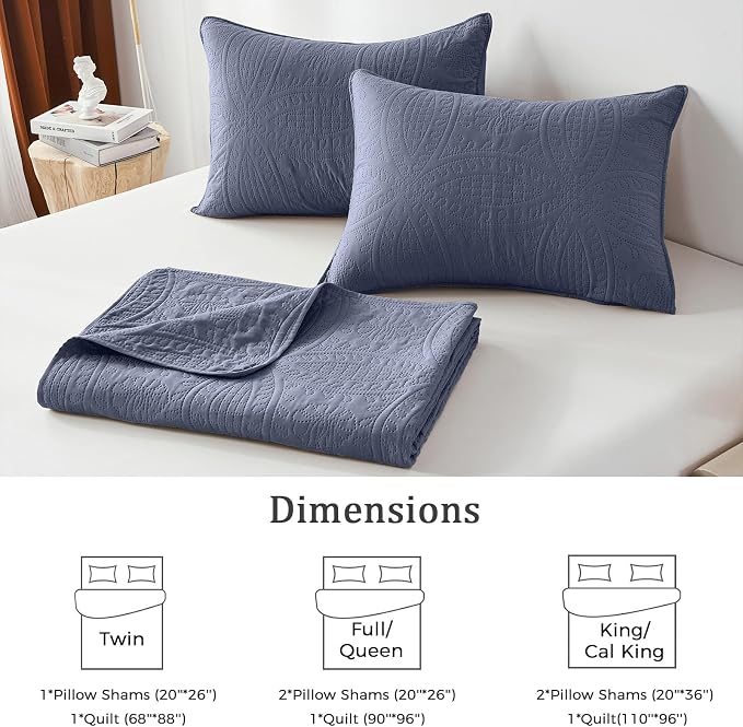 akkialla Quilts Queen Size,Bluish Grey Ultrasonic Full/Queen Quilt Set,Lightweight Soft Bedspread Coverlet,Modern Style Coin Pattern Bed Cover for All Seasons,3 Piece(1 Quilt,2 Pillow Shams)