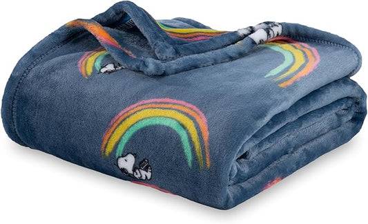 Berkshire Blanket Peanuts® VelvetLoft® Cute Character Snoopy Plush Oversized Throw Blanket, Peanuts Snoopy Rainbow No Dot Dusty Navy (50in x 60in)