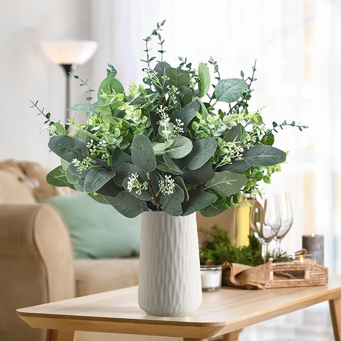 Eucalyptus Stems Bulk 60 Pcs, 4 Kinds Mixed Artificial Silver Dollar Eucalyptus Leaves Bundle Faux Greenery Branches for Wedding Vase Bouquet Floral Arrangement Centerpiece Home Decor
