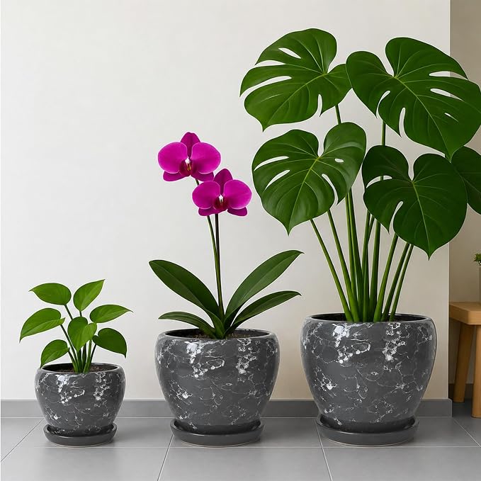 Deep Dream 8 Inch Plant Pots- Ceramic Pots for Plants with Drainage Hole and Saucer, Large Planter Pot for Indoor Plants Outdoor Decor, Gemstone Gray