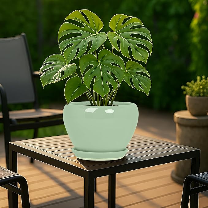 Deep Dream 8 Inch Plant Pots- Ceramic Pots for Plants with Drainage Hole and Saucer, Large Planter Pot for Indoor Plants Outdoor Decor, Mint Green