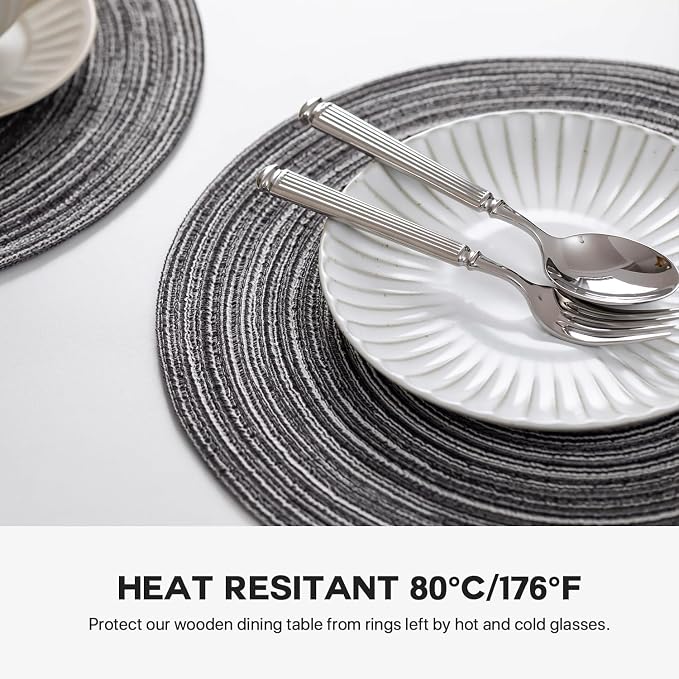 BARoyal Round Placemats Set of 8 Woven Placemats Washable Braided Table Mats for Dining Table Heat Resistant Non-Slip Circle Place Mats(Mixed Gray)