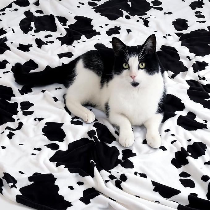 Cozy Bliss Cow Print Throw Blanket for Bed - Super Fuzzy Thick Soft Warm Fleece Blankets for Couch & Room Décor, for Women Men Girls Kids, Black & White Queen Size 90"*90"