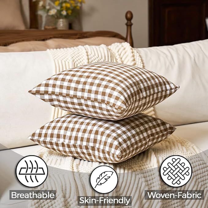 Farmhouse Brown Gingham Plaid Large Square Pillow Covers 22x22 Set of 2 | 22 x 22 Fall Winter Textured Pillow Covers, Farmhouse Vintage Cottage Core Decor, Couch Sofa Bed, Fundas Para Cojines De Sala