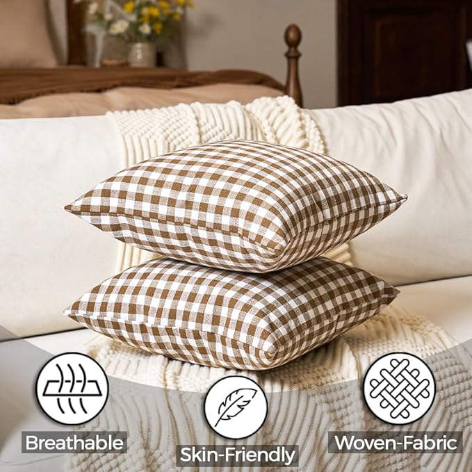 Fall Brown Plaid Gingham Euro Pillow Sham Covers 26x26 Set of 2 for Couch | 26 x 26 Fall European Pillow Covers, Extra Large Pillow Cases, Decorative Pillow Cover for Bed, Cojines Decorativos Para Cama