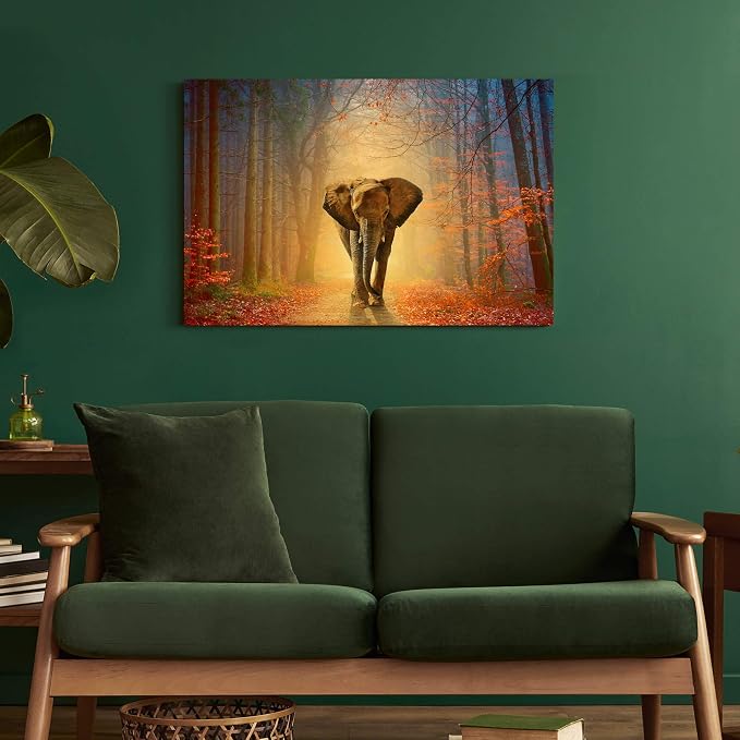 artopia Elephant Canvas Picture Walking Forest: African Wild Animal Wall Art Yellow Red Painting Autumn Nature Prints For Bedroom Living Room Decor 36x24