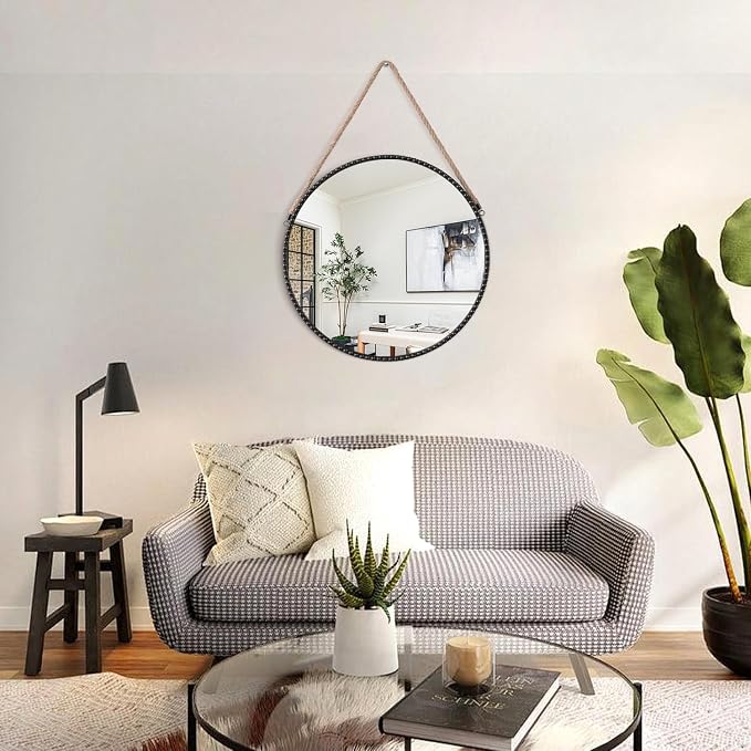 Wall Hanging Mirror with Round Metal Framed Black Beaded Circle Mirrors for Bedroom Bathroom Living Room Home Entryway Decorative 16"