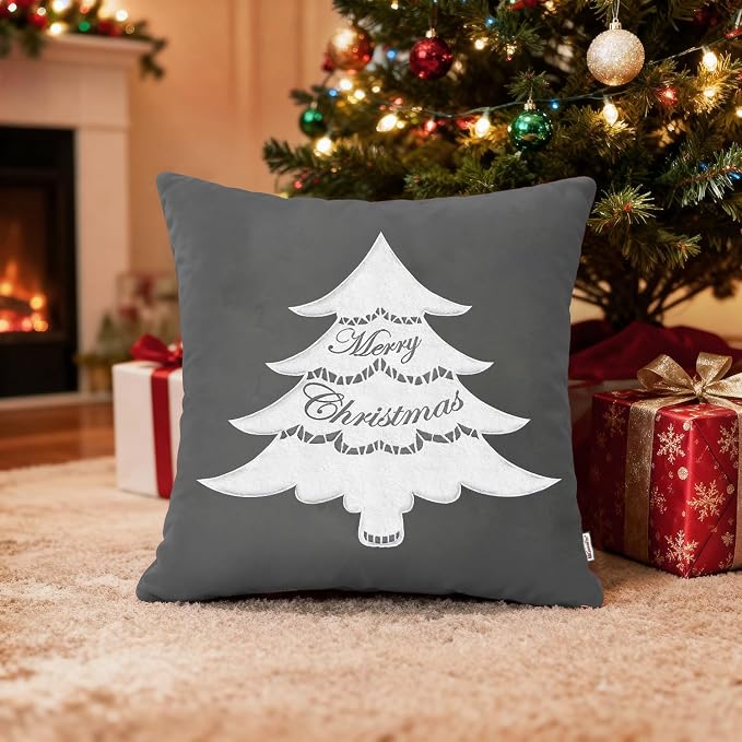 BRAWARM Christmas Pillow Cover 18 X 18 Inches, Gray Christmas Tree Embroidered Pillow Cover, Soft Velvet Decorative Throw Pillow for Couch Bed Sofa Living Room Home