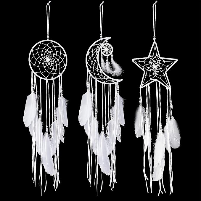 Jetec 3 Pcs Dream Catcher for Girl Star Sun Moon Decor, White