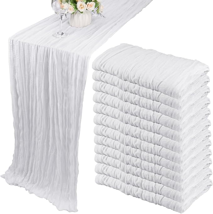 12 Pack Boho Gauze Table Runner - 35x72 Inch Rustic Cheese Cloth Long Table Runner for Wedding, Bridal Shower, Birthday Party Decor (White)