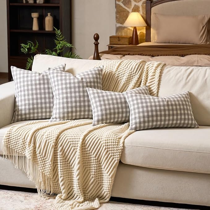 CARRIE HOME Buffalo Plaid Lumbar Pillow Covers 12x20 Set of 2, Light Grey and White Gingham Check Lumbar Pillows, Outdoor Farmhouse Checkered Pillow Covers for Patio Furniture (No Pillow Inserts)