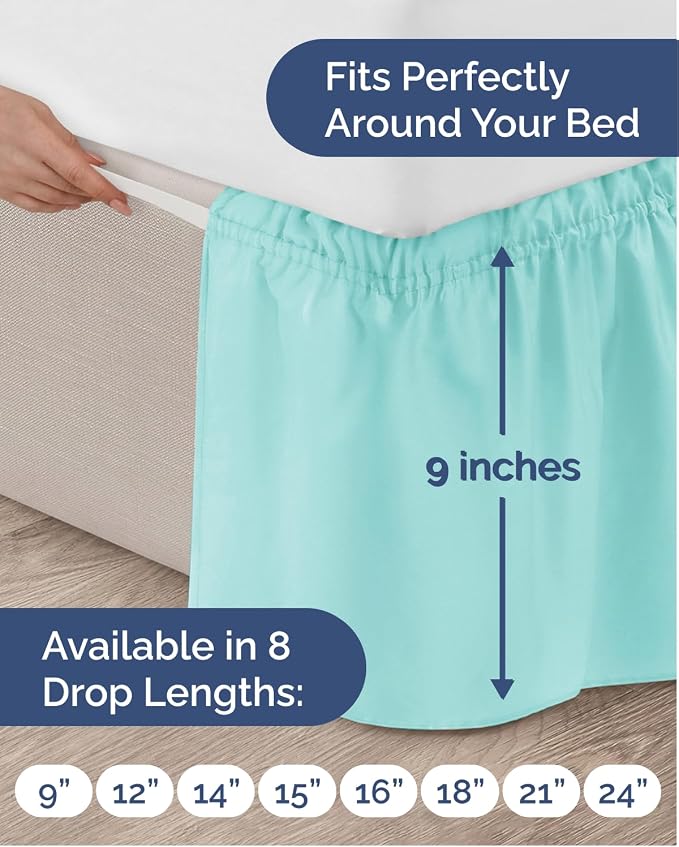 Wrap Around Dust Ruffle Bed Skirt - Spa Blue - for Twin Size Beds w/ 9 Inch Drop - Easy Fit Elastic Strap - Adjustable Pleated Bedskirt with Brushed Fabric - Wrinkle-Free - Women, Men, Kids & Teens