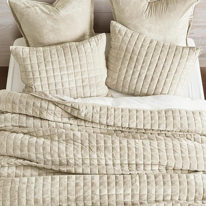 RECYCO Luxury Velvet Quilt Set, Oversized California King 118"x106", Beige | Channel Box Stitch Velvet Comforter Set, Ultra Soft Lightweight Bedspread Coverlet, All Season Bedding Set, with 2 Shams