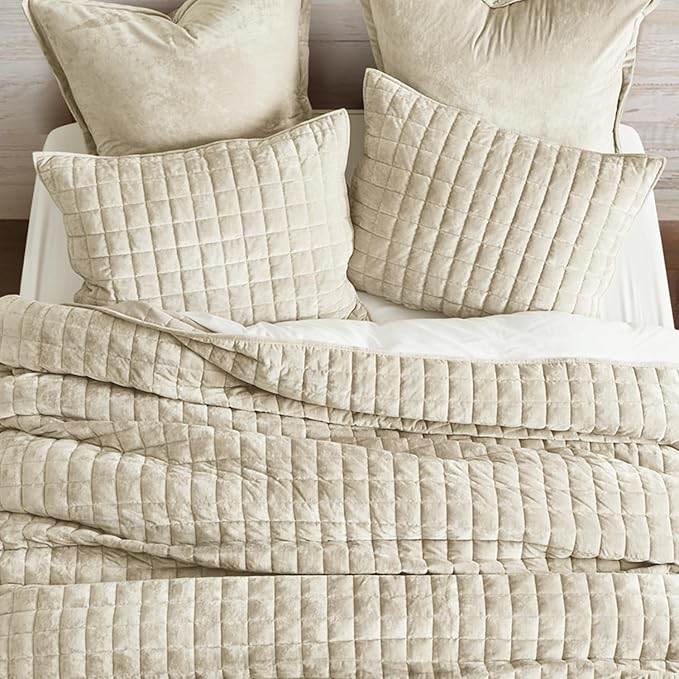 RECYCO Channel Box Stitch Velvet Quilt Set, King Size, Beige | Ultra Soft Lightweight Velvet Comforter, Luxury Oversized Bedspread Coverlet, Quilted Bedding Set for All Season with 2 Shams