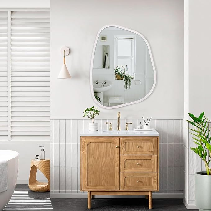 Irregular Oval Wall Mirror Large White 20"x16" Inches Asymmetrical Mirror Modern Wood Frame Unique Shape Wall Mounted Vanity Artistic Mirror Decor for Living Room Bedroom Bathroom Entryway