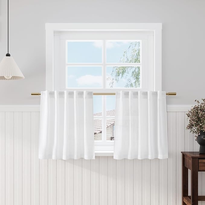 24 Inch White Curtains for Kitchen Windows Over Sink Linen Blend Modern Semi Sheer Mini Curtains for Small Window Back Tab and Rod Pocket for Cafe Bathroom RV, 2 Panels 29 x 24