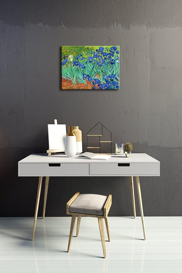 Wieco Art Irises Modern Stretched and Framed Floral Giclee Canvas Print By Van Gogh Famous Flowers Oil Paintings Reproduction Artwork Pictures on Canvas Wall Art for Bedroom Home Decorations