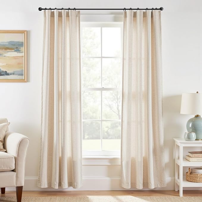 jinchan Linen Curtains Light Filtering Back Tab 38x84 Inch 2 Panels Beige | Semi Sheer Curtains 84 inch length for Bedroom Living Room, Modern Farmhouse Drapes with Rod Pocket, Natural Boho Curtains