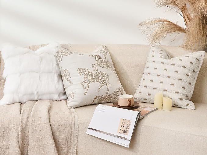 Throw Pillow Cover 20x20 inches, Double Sided Beige Horse Pattern Chenille Jacquard Pillow Covers, Modern Style Horse Pillows Decorative Throw Pillows Cushion Cover for Bed Couch